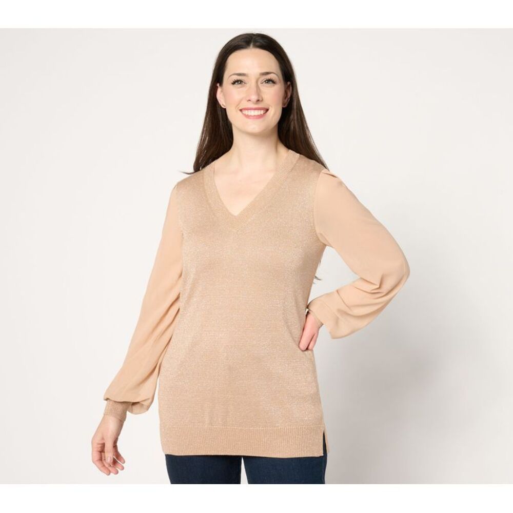 Splendid Women's Top Plus Sz Sweater 1X Lurex V Neck Chiffon Yellow A670928